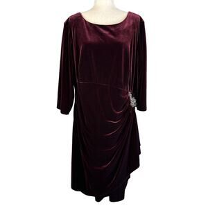 Alex Evenings Womens Dress 24W Plus Wine Velvet Beaded Waist 3/4 Sleeve Holiday